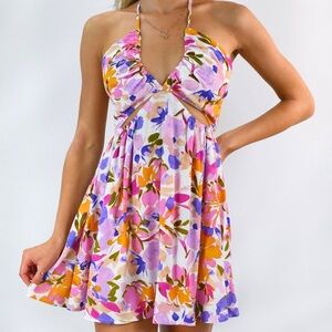 Sky to Moon Floral Halter Kids Dress - Pink, Purple, Orange